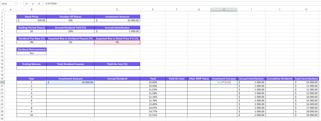 Screenshot from Excel on how to calculate investment increase for dividens