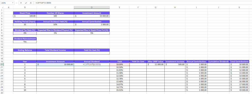 Screenshot from Excel on how to calculate annual dividend with formula