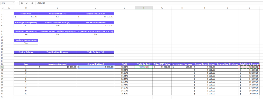 Screenshot from excel on how to calculate yield on cost with formula for dividend