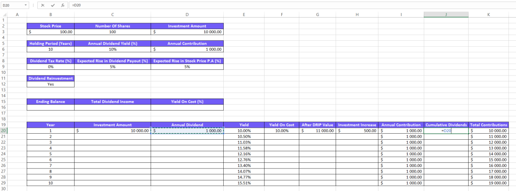 Screenshot from Excel on how to calculate cumulative dividends with formula