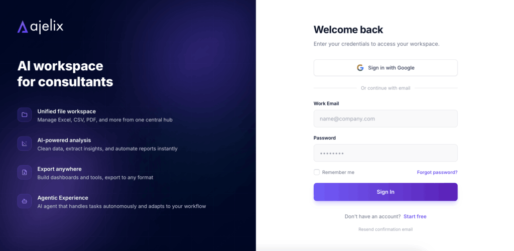 Screenshot: Ajelix log-in page