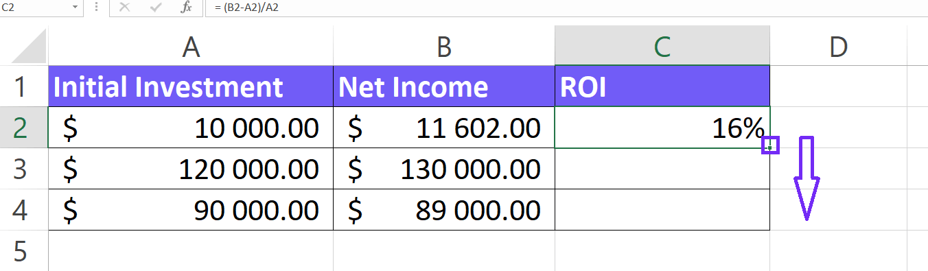 Copy formula down to apply it to other cells screenshot from Excel