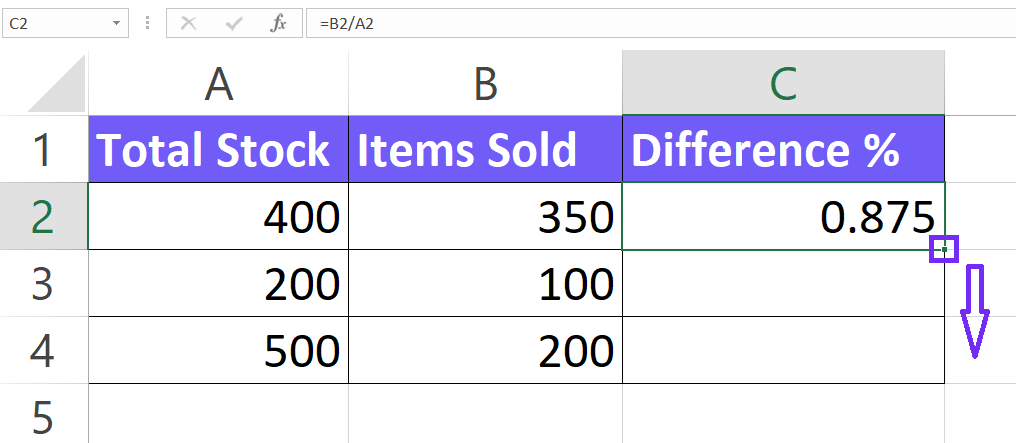 How to autofill percentage formula in Excel, screenshot with steps