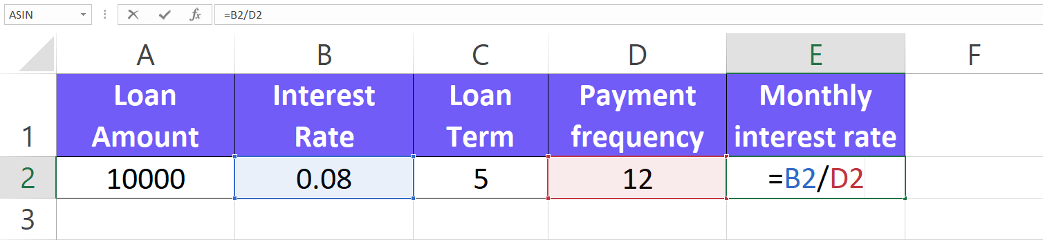 Calculate monthly interest rate formula from excel screenshot