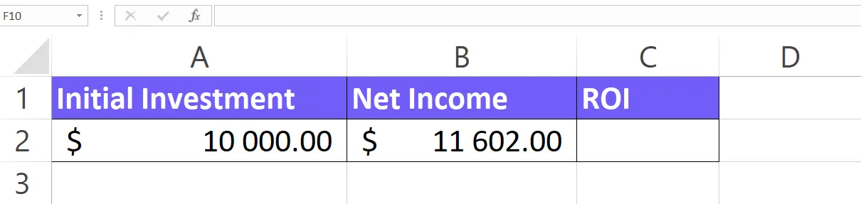 Example data table for ROI calculation in Excel screenshot
