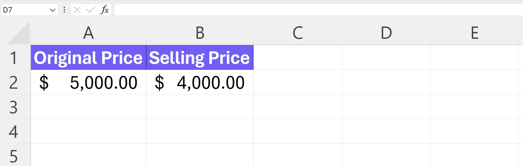Screenshot from Excel with example data table for markdown calculation