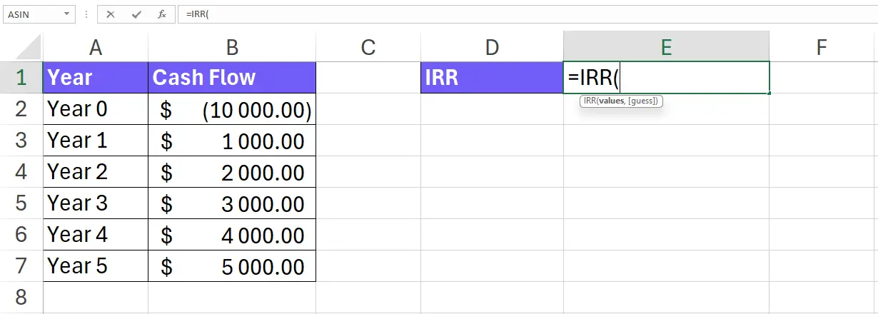 Insert IRR function in Excel cell to calculate