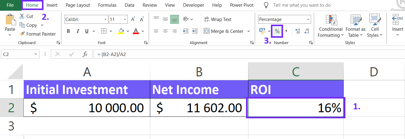 Format ROI cell as a percentage in excel settings, screenshot