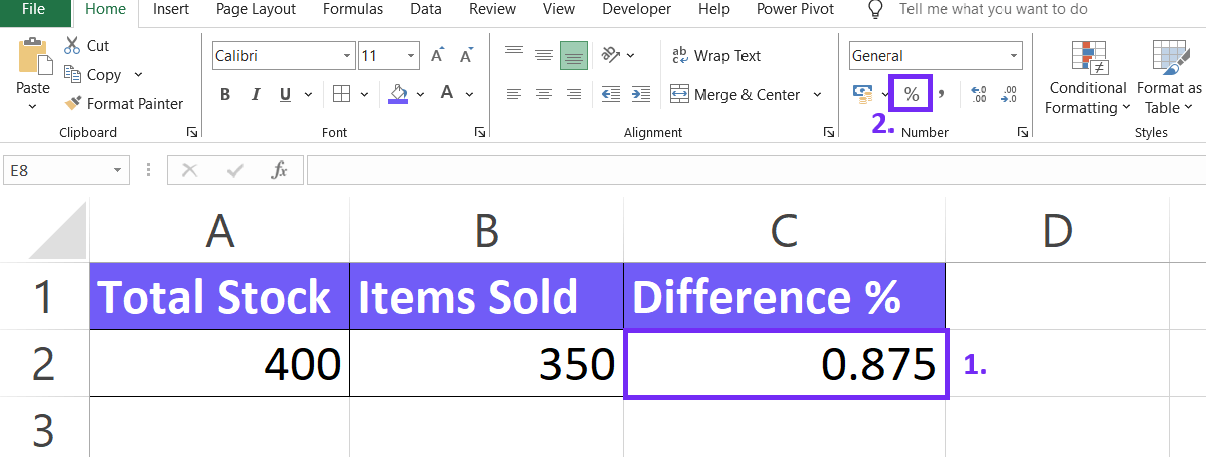 Cell formatting using Excel percentage settings screenshot