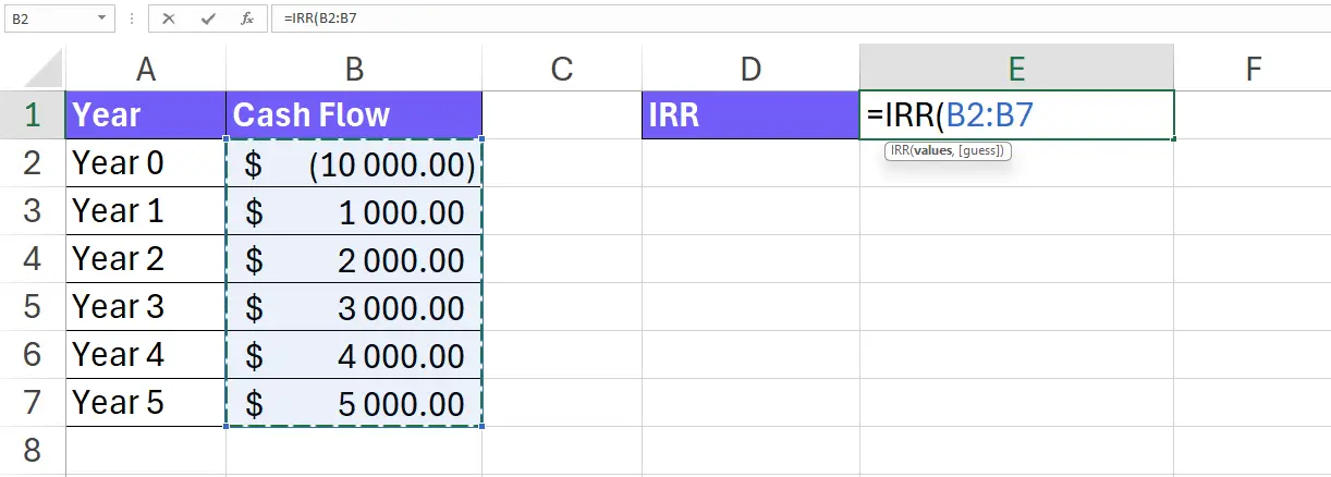 Insert cash flow cells in IRR function screenshot with example from excel