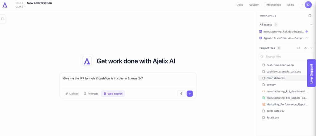 Screenshot from Ajelix workspace with IRR prompt, image by author