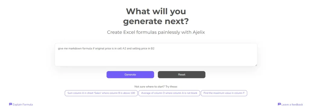 Markdown formula prompt for AI formula generator, screenshot with example