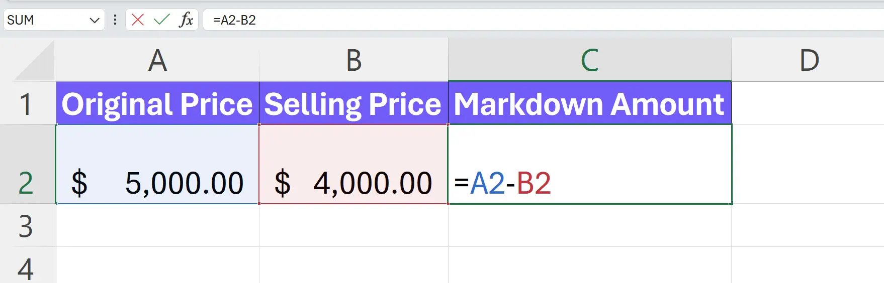 how to calculate markdown calculation in excel spreadsheet, screenshot by author