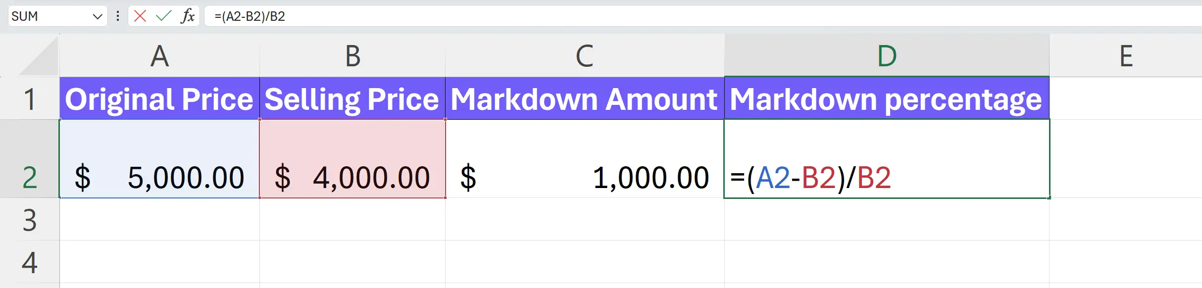 Markdown percentage calculation in excel, example screenshot