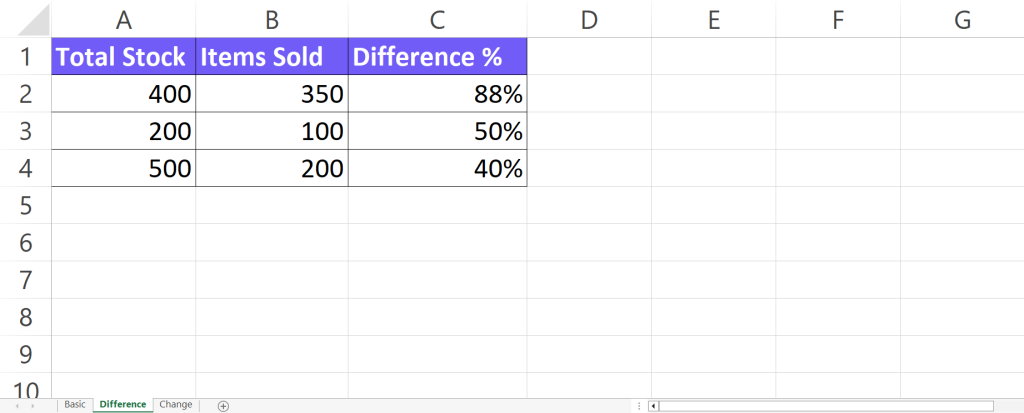 Percentage calculator in Excel template screenshot