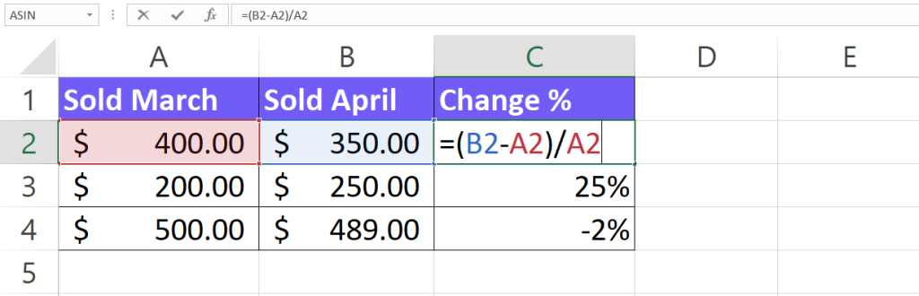 Calculate percentage change in excel with formula screenshot