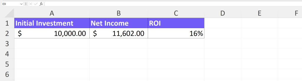 ROI calculator in excel template screenshot from spreadsheet