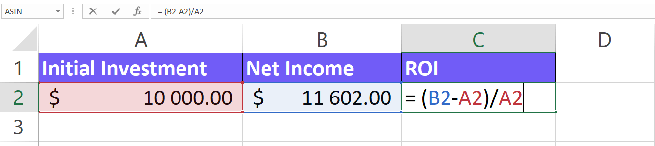 ROI formula in excel screenshot with steps