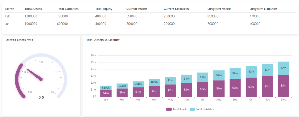 Debt to assets ratio example from accounting dashboard