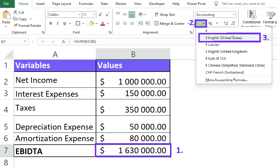 Format EBIDTA result as a currency in excel