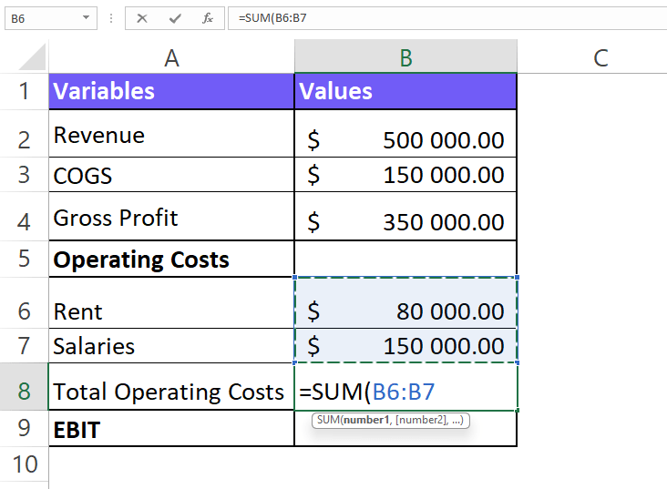 Calculation for total operating costs for EBIT formula screenshot from Excel with formula