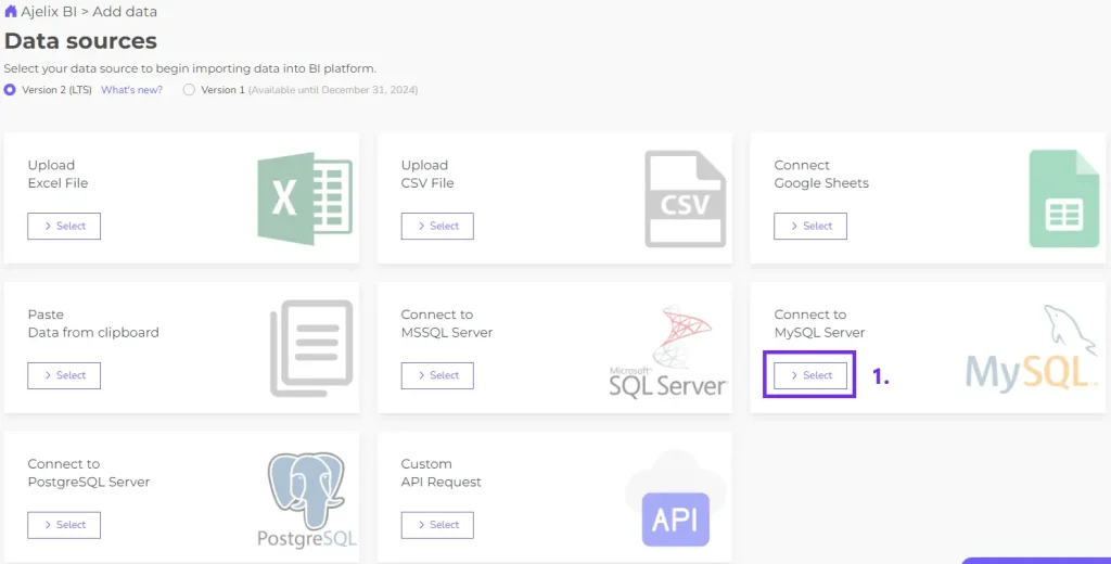 screenshot from ajelix bi selecting data source for the dashboard