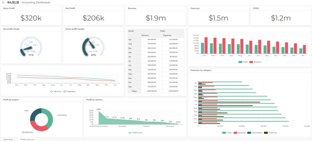 Profit and loss dashboard example for accounting dashboard types