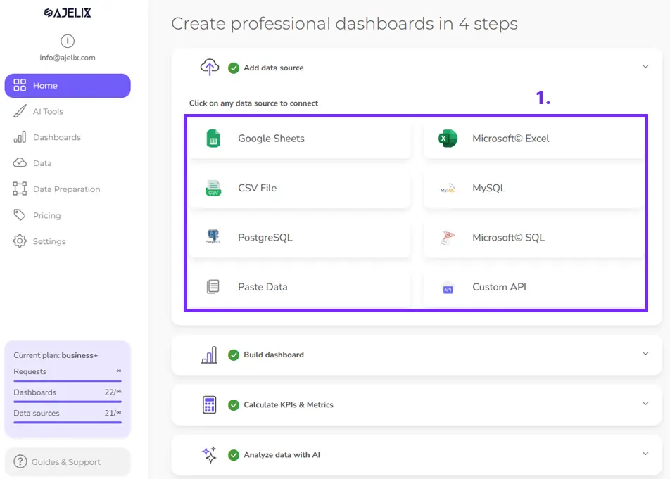 Screenshot from Ajelix BI with step 1 on how to create budget vs actual KPI dashboard