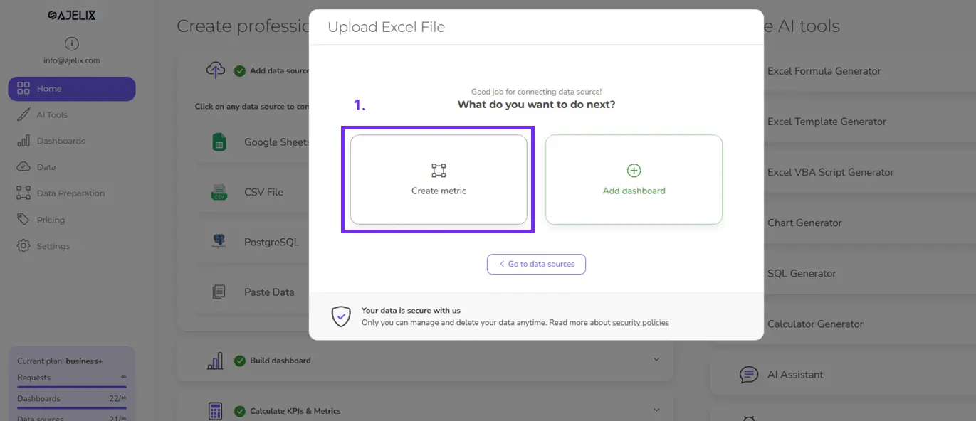 Screenshot from Ajelix BI with step 2 on how to prepare your data to create budget vs actual KPI dashboard