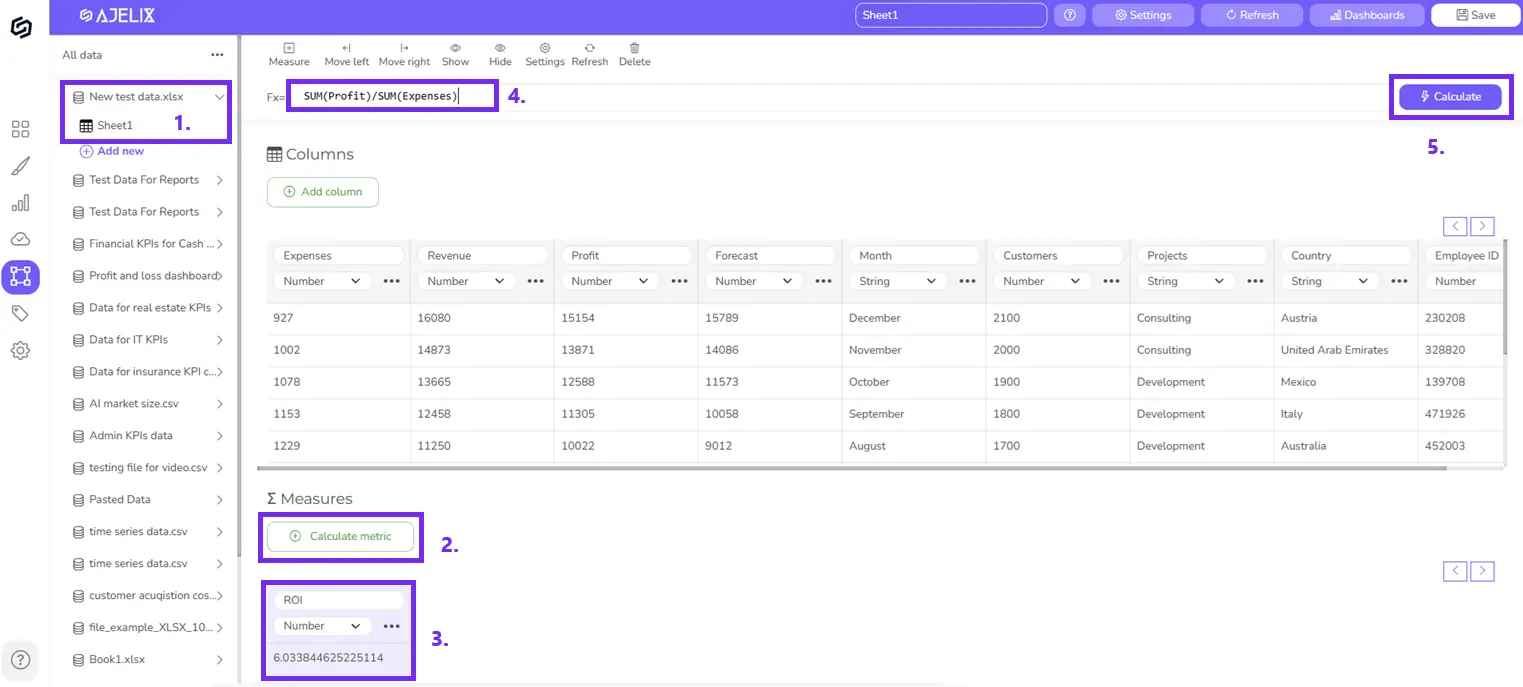 Screenshot from Ajelix BI with step 3 on how to calculate KPI with your data to create budget vs actual dashboard