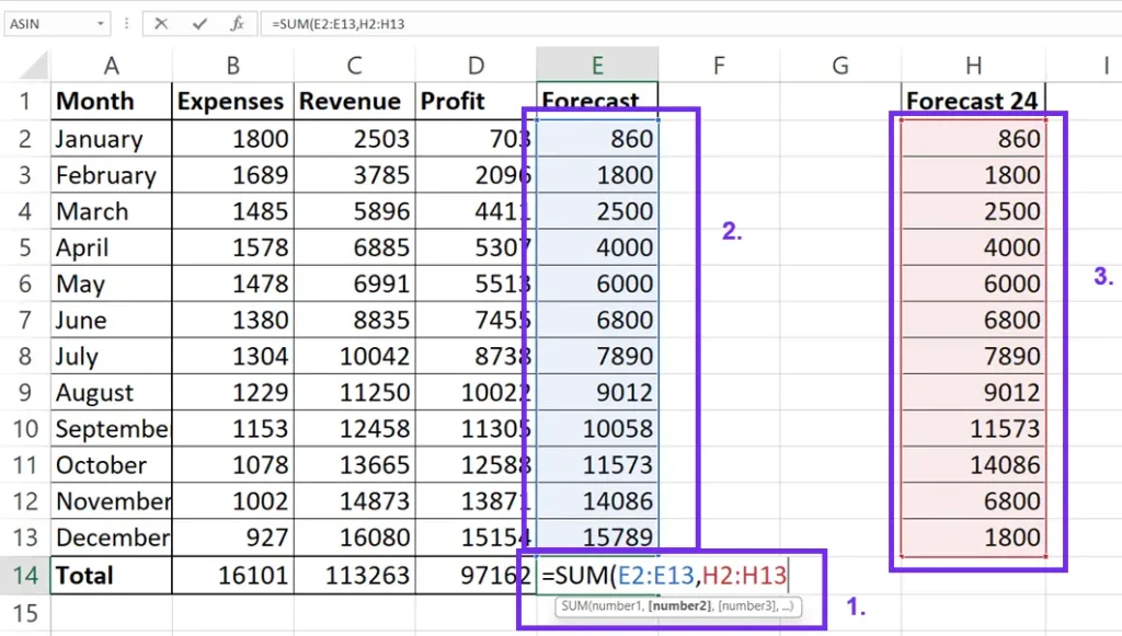 screenshot from excel with Formula to add up a column with Non-Contiguous Data