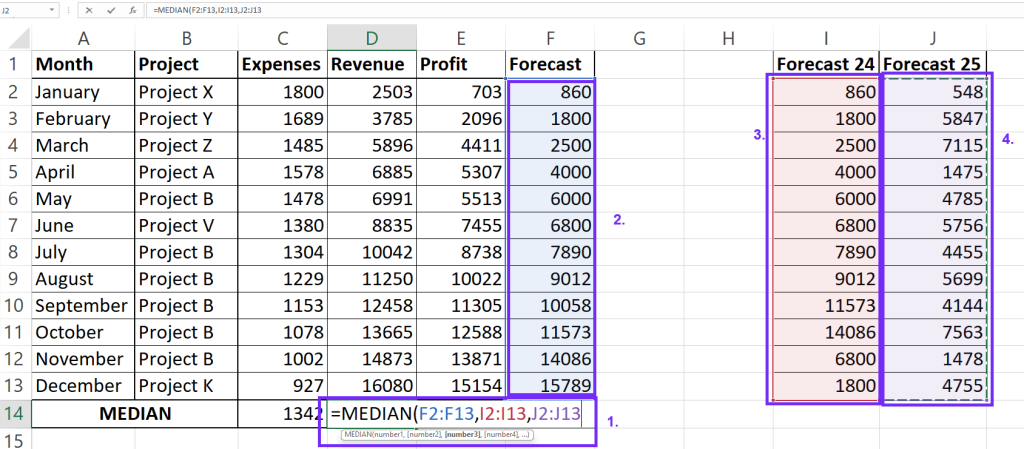 MEDIAN function in Excel for scattered data screenshot from spreadsheet