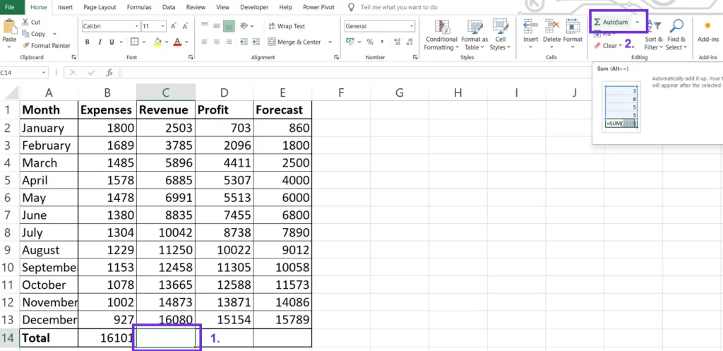 Screenshot from excel on how to auto sum a column in excel step 2 click auto sum in excel toolbar