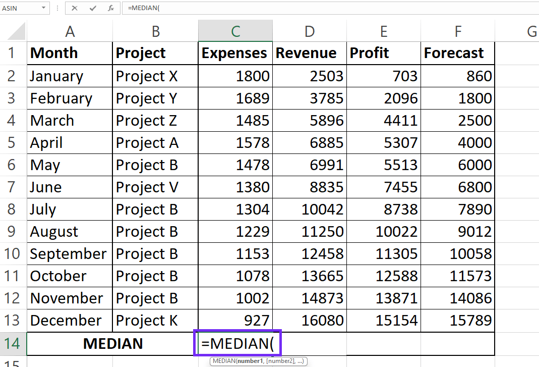 how to find median in excel screenshot with inserted formula