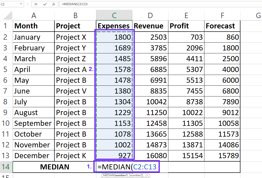 finished median function in excel screenshot