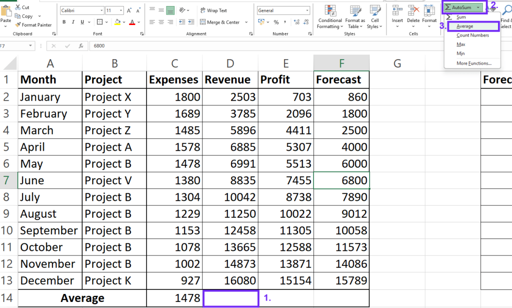 Screenshot from excel with average function use from access bar