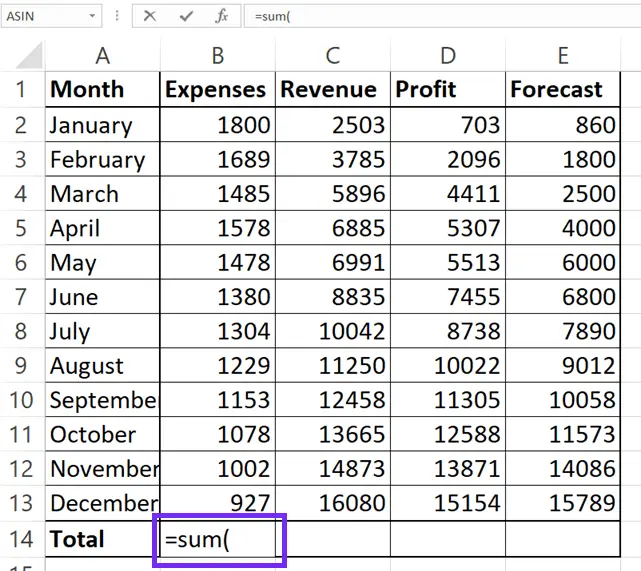 Screenshot from excel with second step to sum a column in spreadsheet by adding =sum in cell