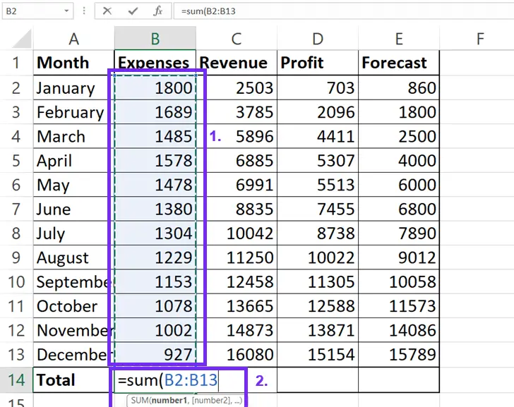 Screenshot from excel with third step to sum a column in spreadsheet by selecting all cells