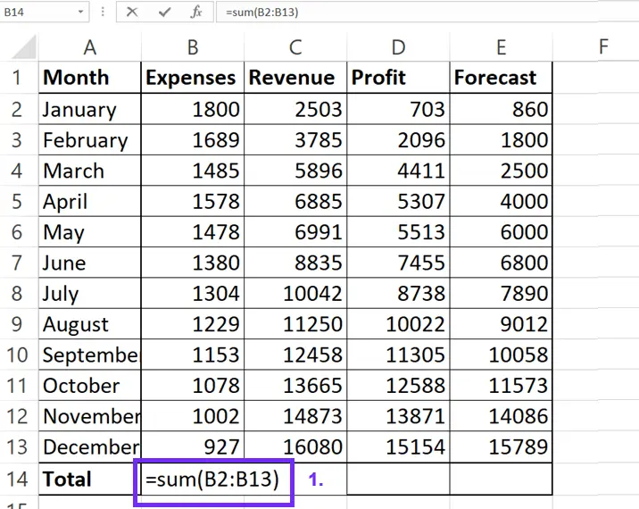 Screenshot from excel with fourth step to sum a column in spreadsheet by closing formula