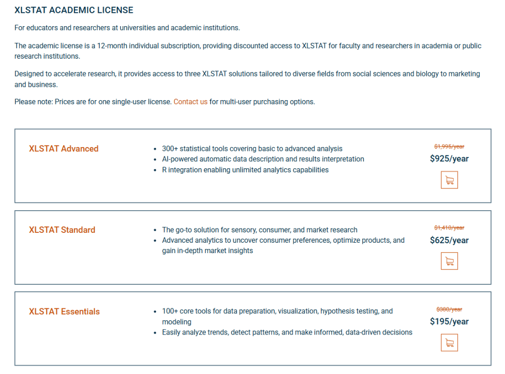 Screenshot of XLSTAT Academic Pricing