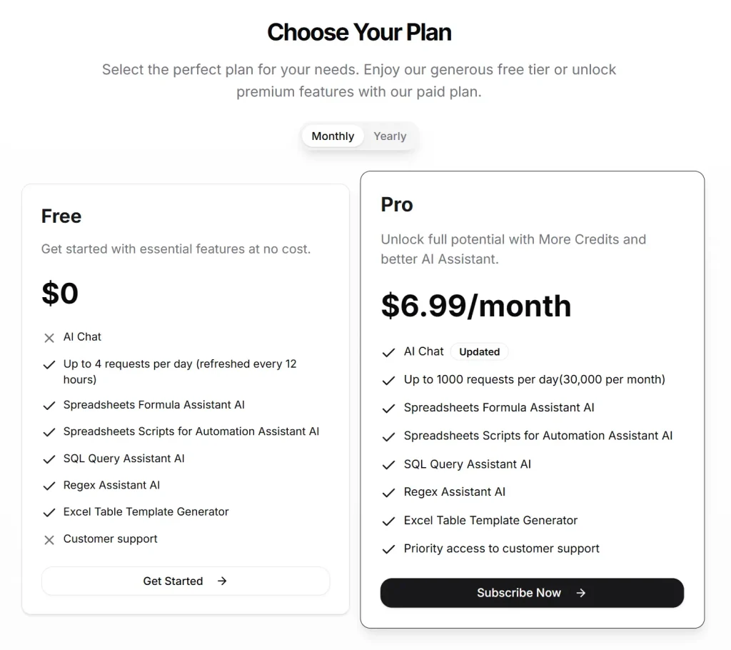 Screenshot of GPTExcel Pricing