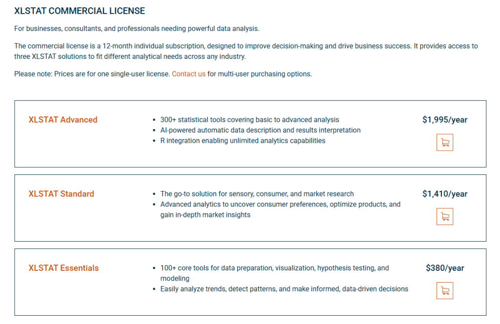 Screenshot of XLSTAT Commercial Pricing