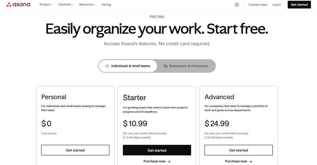 Screenshot of Asana Pricing