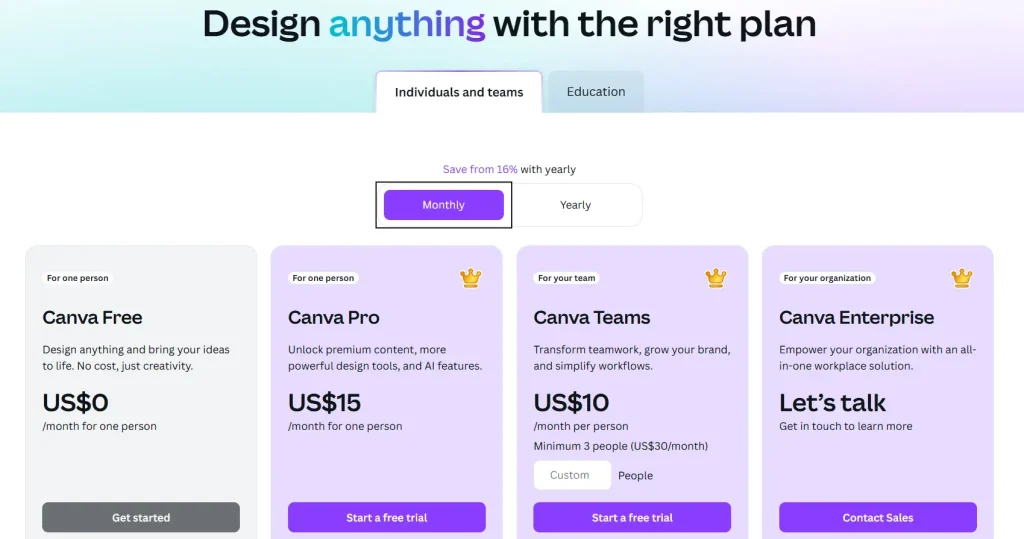 Screenshot of Canva Pricing