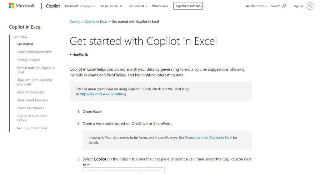 Get Started Page of Microsoft Copilot in Excel