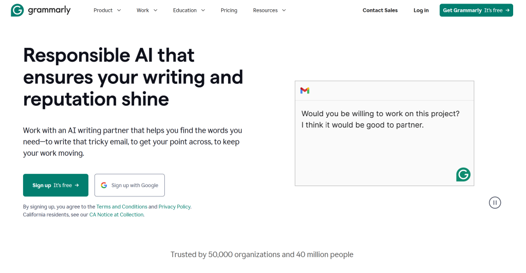 Screenshot of Grammarly Homepage