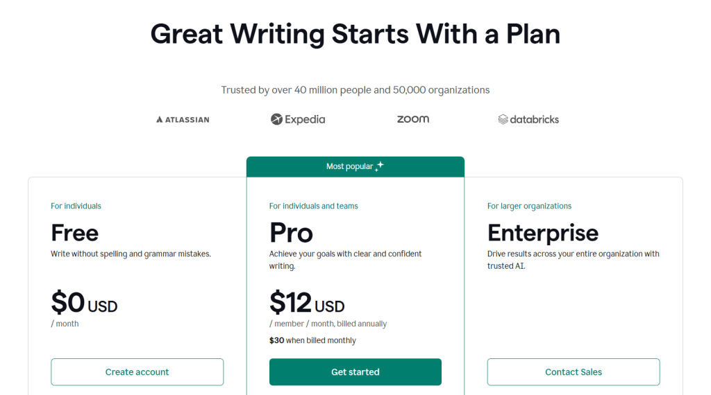 Screenshot of Grammarly Pricing