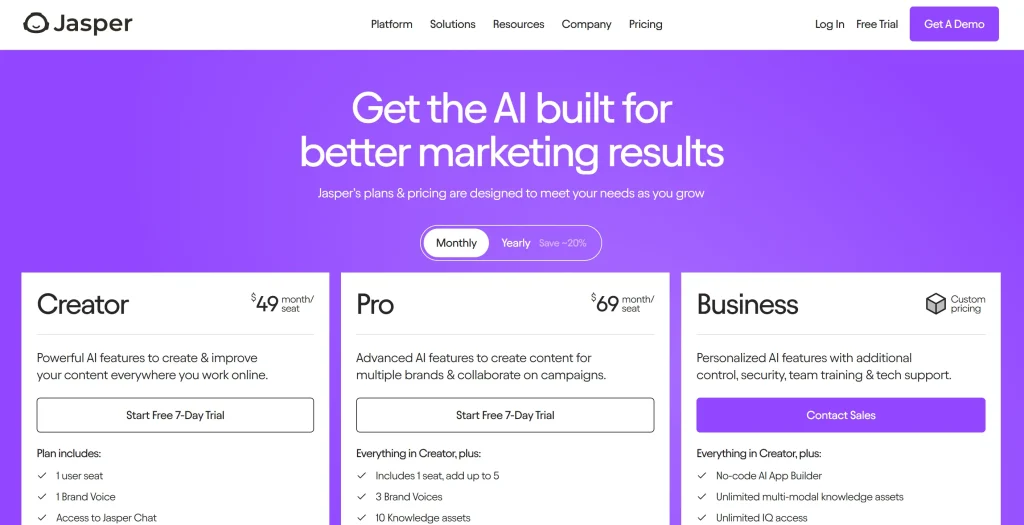 Screenshot of Jasper Pricing