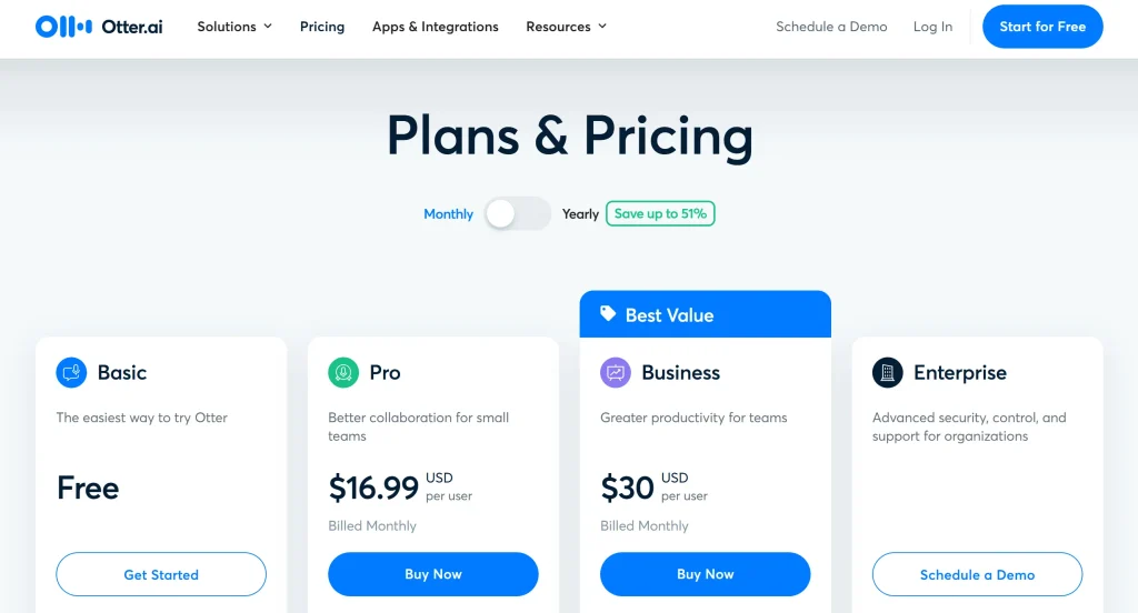 Screenshot of Otter.ai Pricing