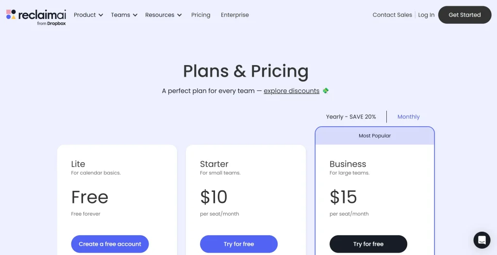 Screenshot of Reclaim.ai Pricing